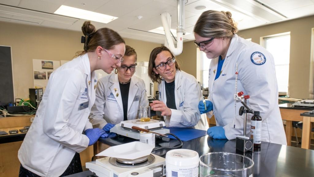 学生 and faculty conduct research in a Pharmacy lab